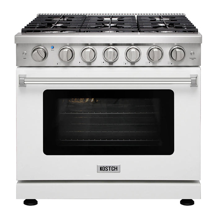 Kostch KOS-36RG03MLP-W 36" Freestanding LP Gas Range with 6 Burners, Convection Oven – White