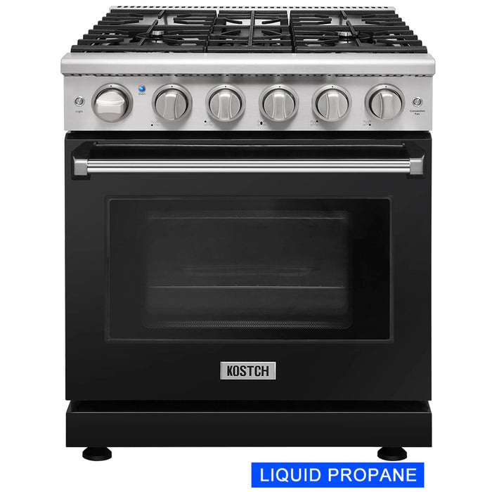 Kostch KOS-30RG03MLP-B 30" Freestanding LP Gas Range with 5 Burners, Convection Oven – Black