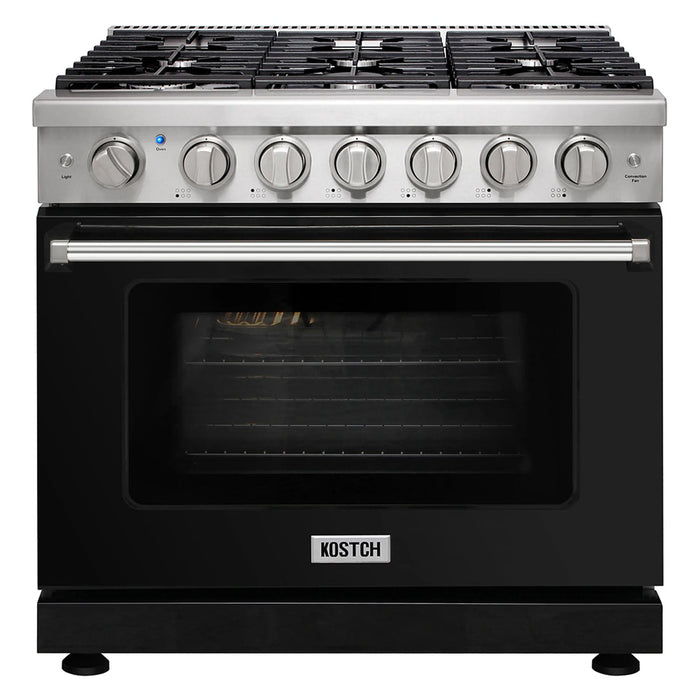 Kostch KOS-36RG03M-B 36" Freestanding Gas Range with 6 Burners, Convection Oven – Black, LP Convertible