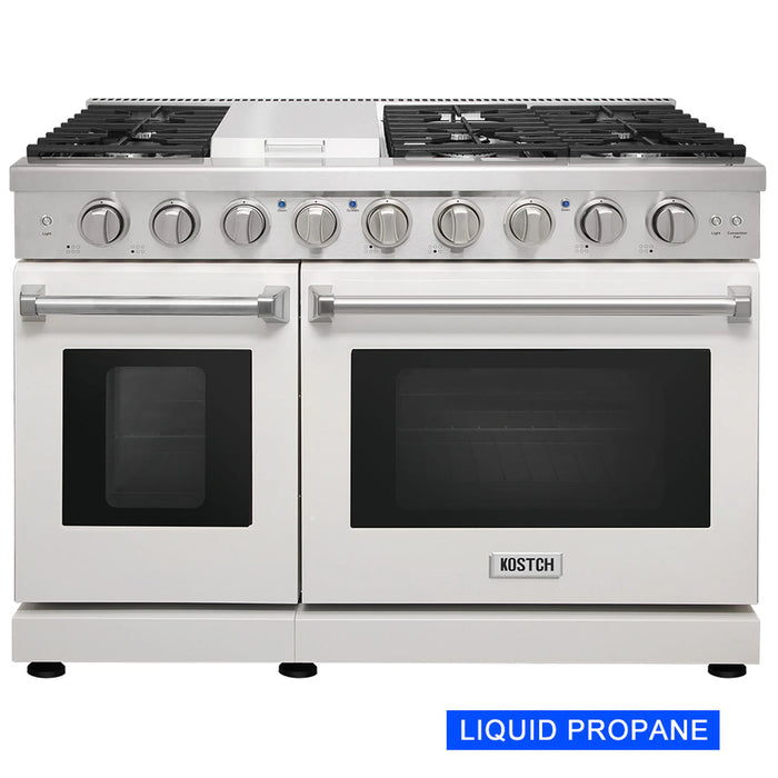 Kostch KOS-48RG03MLP-W 48" Freestanding LP Gas Range with 6 Burners, Convection Oven – White