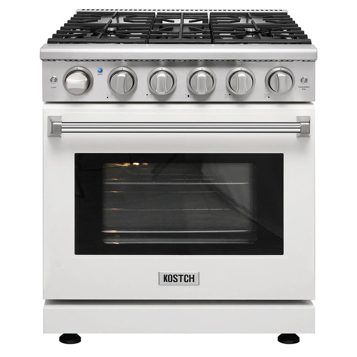 Kostch KOS-30RG03M-W 30" Freestanding Gas Range with 5 Burners, 4.55 cu. ft. Convection Oven – White, LP Convertible