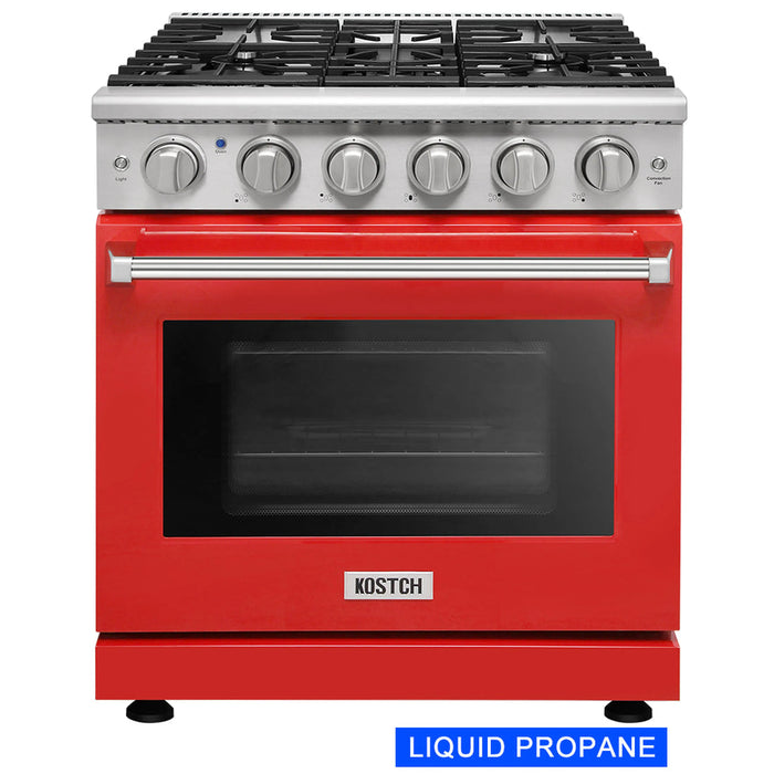Kostch KOS-30RG03MLP-R 30" Freestanding LP Gas Range with 5 Burners, Convection Oven – Red