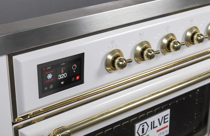 Ilve UMI09NS3WHG 36 in Majestic II Induction Range, 5 Elements, 3.5 cu. ft. Oven Capacity, White, Brass