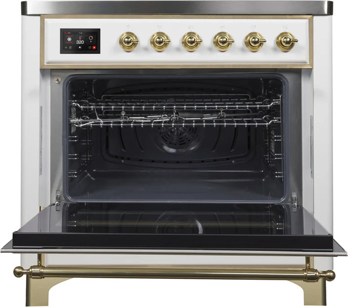 Ilve UMI09NS3WHG 36 in Majestic II Induction Range, 5 Elements, 3.5 cu. ft. Oven Capacity, White, Brass