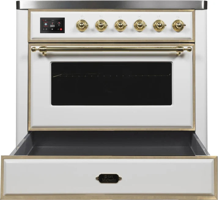 Ilve UMI09NS3WHG 36 in Majestic II Induction Range, 5 Elements, 3.5 cu. ft. Oven Capacity, White, Brass
