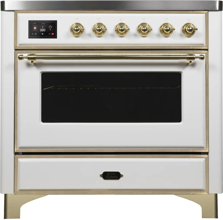 Ilve UMI09NS3WHG 36 in Majestic II Induction Range, 5 Elements, 3.5 cu. ft. Oven Capacity, White, Brass