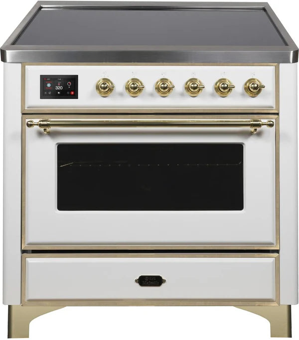 Ilve UMI09NS3WHG 36 in Majestic II Induction Range, 5 Elements, 3.5 cu. ft. Oven Capacity, White, Brass