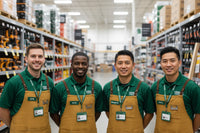 Four men wearing统一的制服微笑，背景为黑色