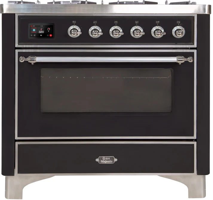 Ilve UM09FDNS3BKC Majestic II 36-Inch Freestanding Dual Fuel Range – 6 Brass Burners, Griddle, Convection Oven, Glossy Black with Chrome Trim
