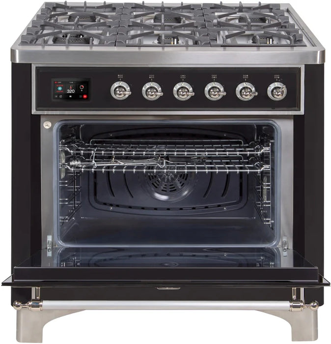 Ilve UM09FDNS3BKC Majestic II 36-Inch Freestanding Dual Fuel Range – 6 Brass Burners, Griddle, Convection Oven, Glossy Black with Chrome Trim