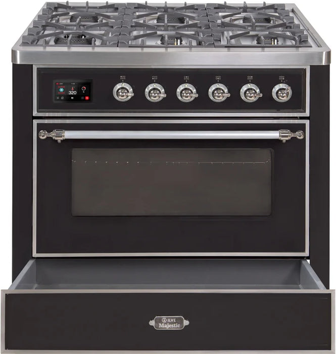 Ilve UM09FDNS3BKC Majestic II 36-Inch Freestanding Dual Fuel Range – 6 Brass Burners, Griddle, Convection Oven, Glossy Black with Chrome Trim