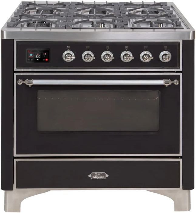 Ilve UM09FDNS3BKC Majestic II 36-Inch Freestanding Dual Fuel Range – 6 Brass Burners, Griddle, Convection Oven, Glossy Black with Chrome Trim