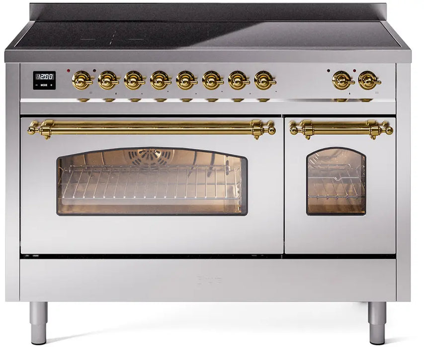 ILVE Nostalgie II 48-Inch Induction Range with 6 Elements and Double Ovens, Stainless Steel Brass Trim