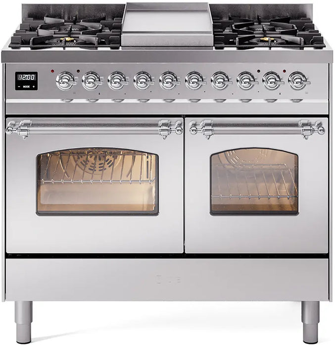 ILVE Nostalgie II 40-Inch Dual Fuel Range with Double Ovens, 6 Burners and Griddle, Stainless Steel Chrome Trim