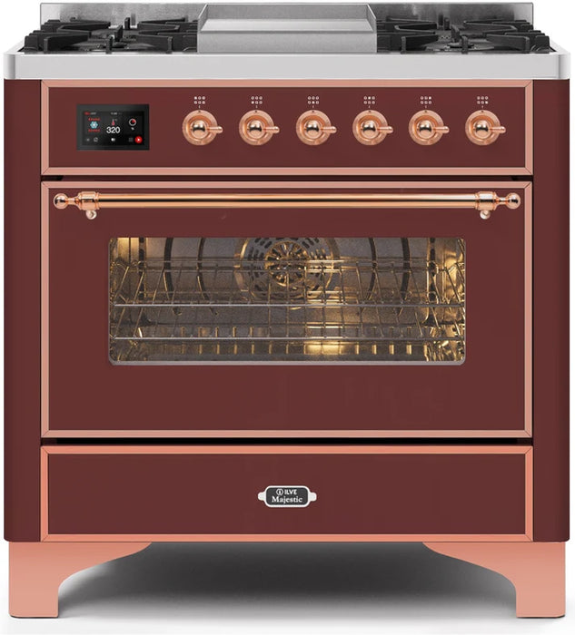 Ilve UM09FDNS3BUP Majestic II 36-Inch Freestanding Dual Fuel Range with 6 Sealed Black Brass Burners, Griddle, Electric Convection Oven, TFT Display, Warming Drawer – Burgundy with Copper Trim