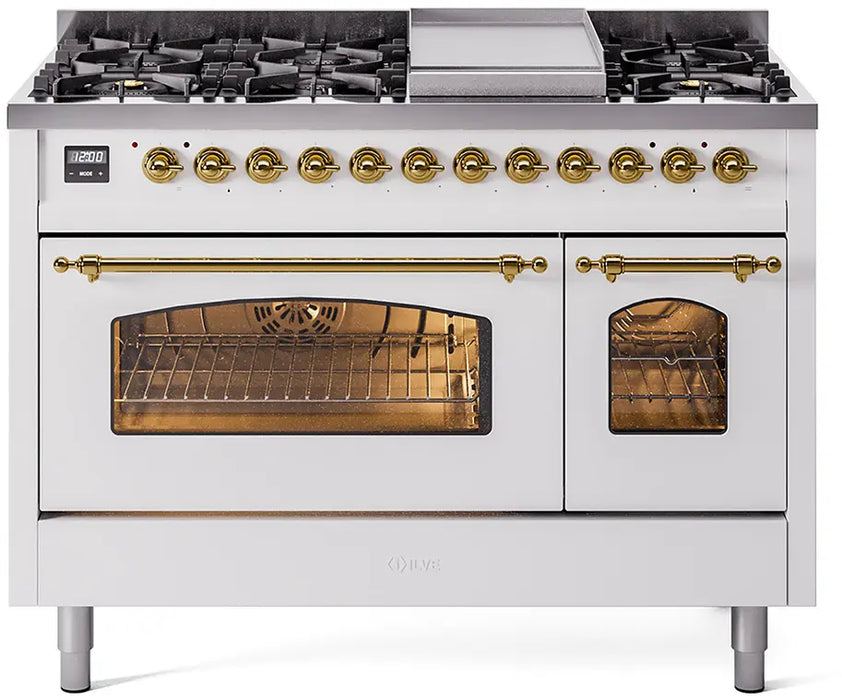ILVE Nostalgie II 48-Inch Dual Fuel Range with 8 Burners and Griddle, White Brass Trim