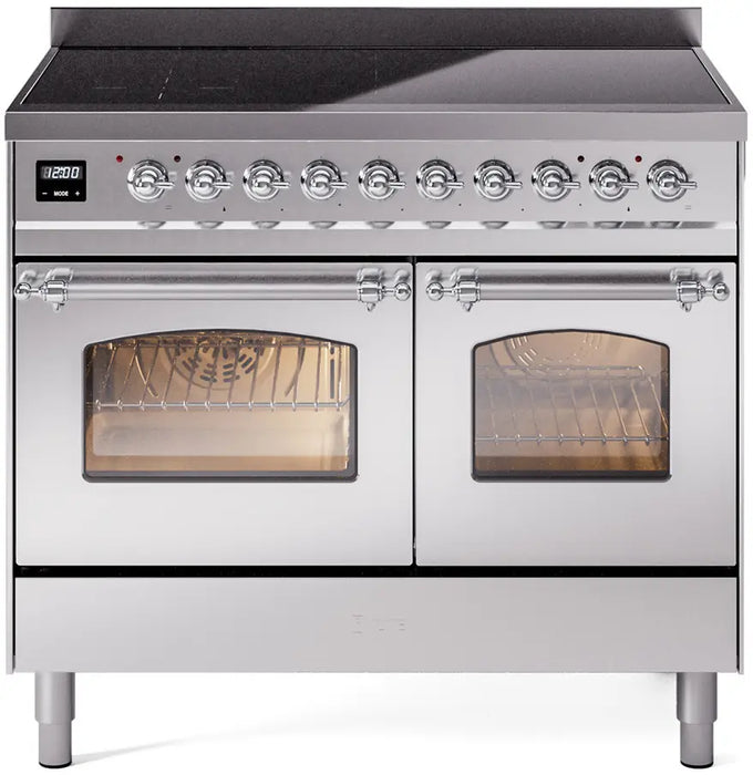ILVE Nostalgie II 40-Inch Induction Range with 6 Elements and Double Ovens, Stainless Steel Chrome Trim