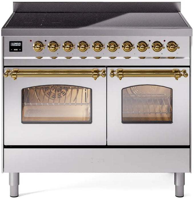 ILVE Nostalgie II 40-Inch Induction Range with 6 Elements and Double Ovens, Stainless Steel Brass Trim