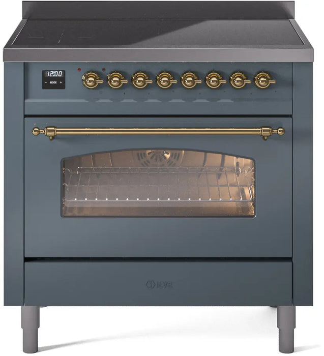 ILVE Nostalgie II 36-Inch Induction Range with 6 Elements, Blue Grey Brass Trim