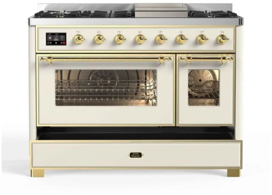 ILVE Majestic II 48-Inch Dual Fuel Range with 8 Burners and Griddle, Antique White Brass Trim