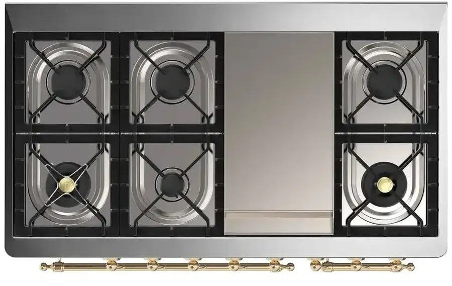 ILVE Majestic II 48-Inch Dual Fuel Range with 8 Burners and Griddle, Antique White Brass Trim