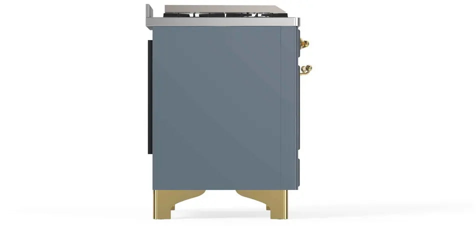ILVE Majestic II 48-Inch Dual Fuel Range with 8 Burners and Griddle, Blue Grey Brass Trim