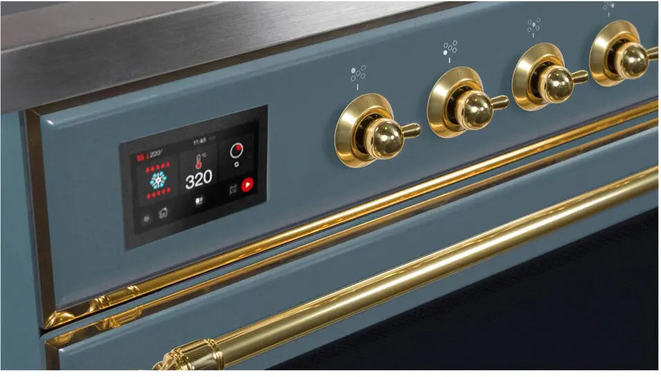 ILVE Majestic II 48-Inch Dual Fuel Range with 8 Burners and Griddle, Blue Grey Brass Trim