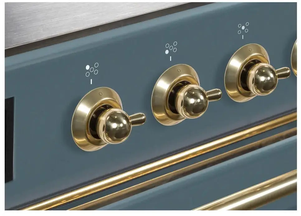 ILVE Majestic II 48-Inch Dual Fuel Range with 8 Burners and Griddle, Blue Grey Brass Trim