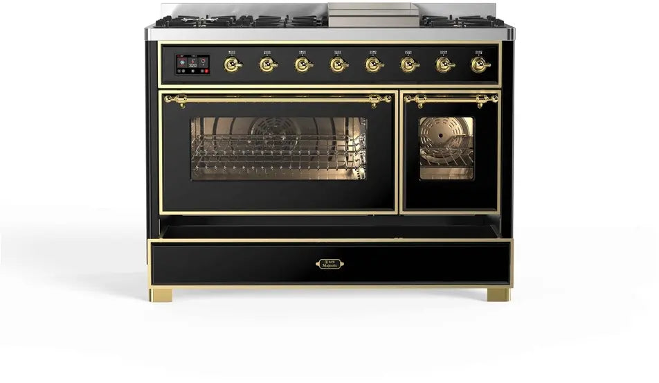 ILVE Majestic II 48-Inch Dual Fuel Range with 8 Burners and Griddle, Glossy Black Brass Trim