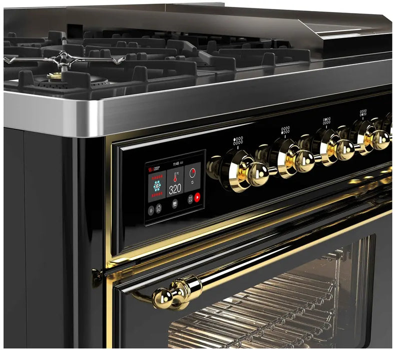 ILVE Majestic II 48-Inch Dual Fuel Range with 8 Burners and Griddle, Glossy Black Brass Trim
