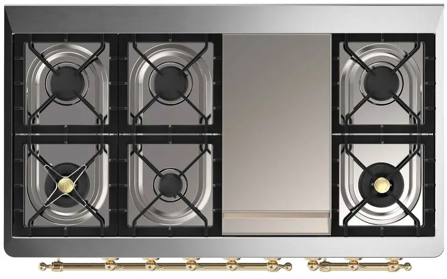 ILVE Majestic II 48-Inch Dual Fuel Range with 8 Burners and Griddle, Glossy Black Brass Trim