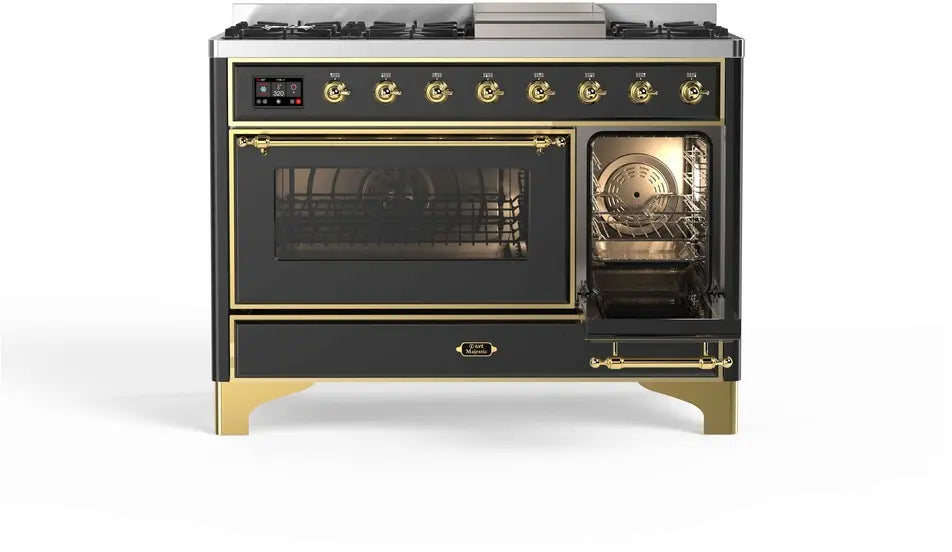 ILVE Majestic II 48-Inch Dual Fuel Range with 8 Burners and Griddle, Graphite Matte Brass Trim