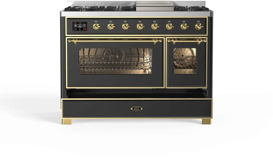 ILVE Majestic II 48-Inch Dual Fuel Range with 8 Burners and Griddle, Graphite Matte Brass Trim