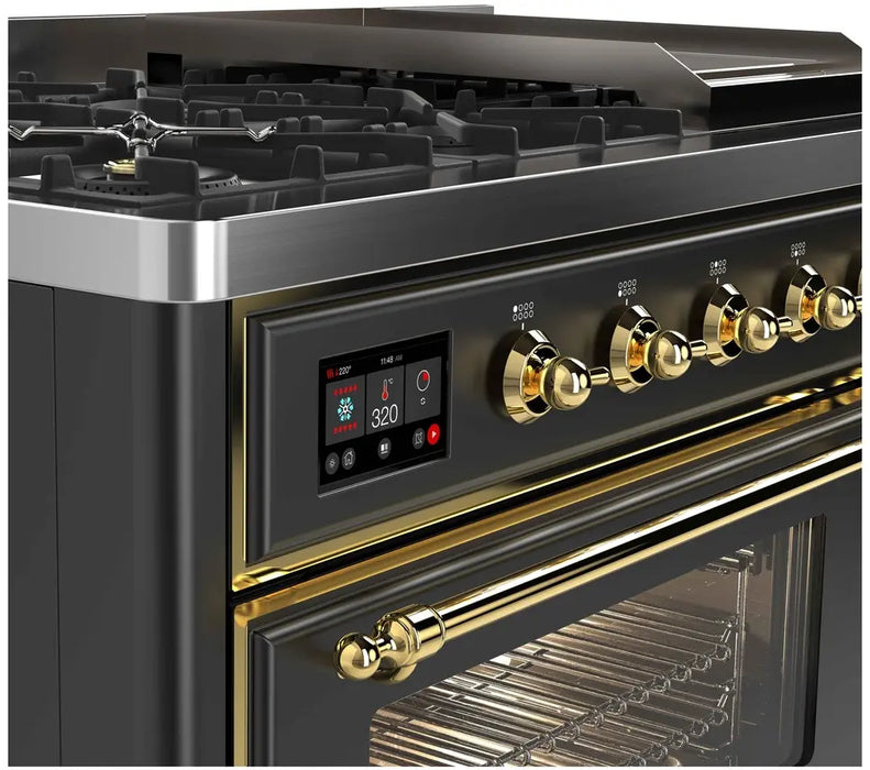 ILVE Majestic II 48-Inch Dual Fuel Range with 8 Burners and Griddle, Graphite Matte Brass Trim
