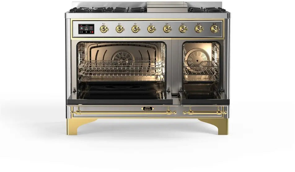 ILVE Majestic II 48-Inch Dual Fuel Range with 8 Burners and Griddle, Stainless Steel Brass Trim