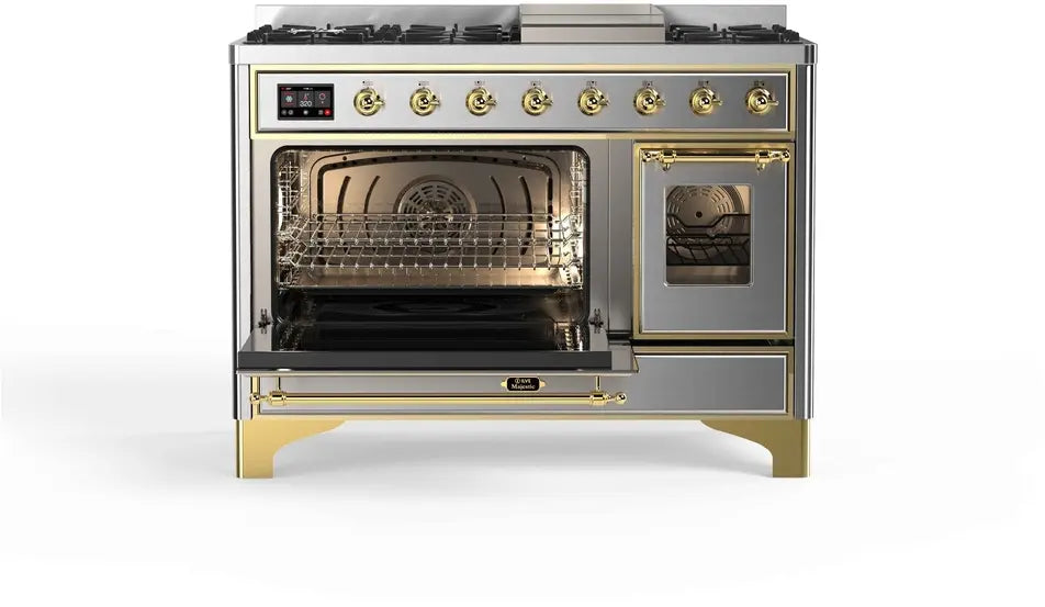 ILVE Majestic II 48-Inch Dual Fuel Range with 8 Burners and Griddle, Stainless Steel Brass Trim