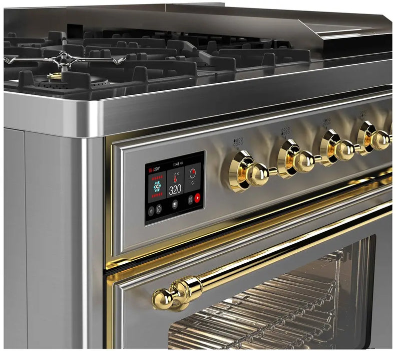 ILVE Majestic II 48-Inch Dual Fuel Range with 8 Burners and Griddle, Stainless Steel Brass Trim
