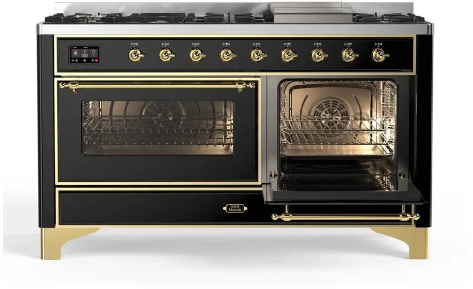ILVE Majestic II 60-Inch Dual Fuel Range with 9 Burners and Griddle, Glossy Black Brass Trim