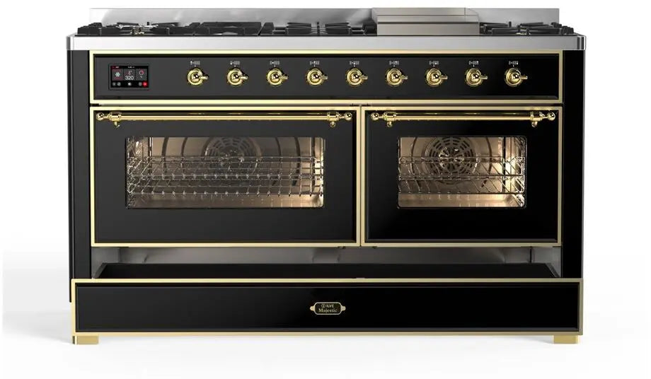 ILVE Majestic II 60-Inch Dual Fuel Range with 9 Burners and Griddle, Glossy Black Brass Trim
