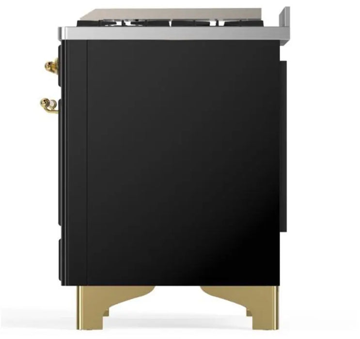 ILVE Majestic II 60-Inch Dual Fuel Range with 9 Burners and Griddle, Glossy Black Brass Trim