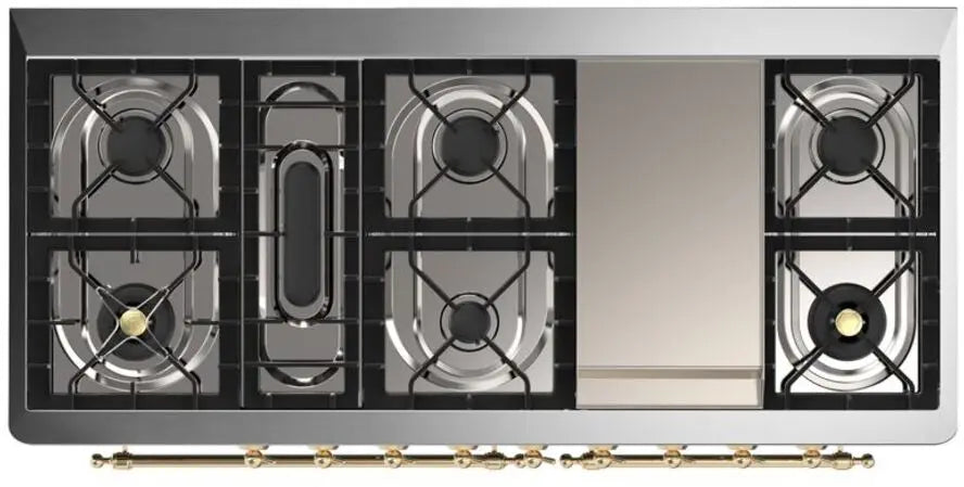 ILVE Majestic II 60-Inch Dual Fuel Range with 9 Burners and Griddle, Glossy Black Brass Trim