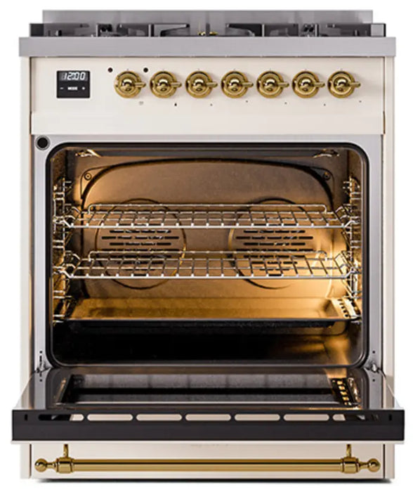 ILVE Nostalgie II 30-Inch Dual Fuel Range with 5 Burners, Antique White Brass Trim