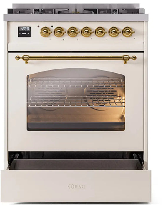 ILVE Nostalgie II 30-Inch Dual Fuel Range with 5 Burners, Antique White Brass Trim