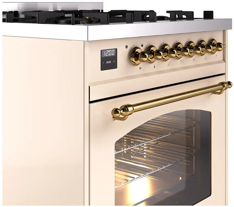 ILVE Nostalgie II 30-Inch Dual Fuel Range with 5 Burners, Antique White Brass Trim