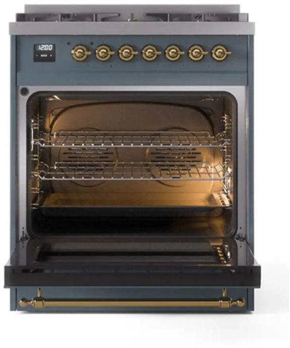 ILVE Nostalgie II 30-Inch Dual Fuel Range with 5 Burners, Blue Grey Brass Trim