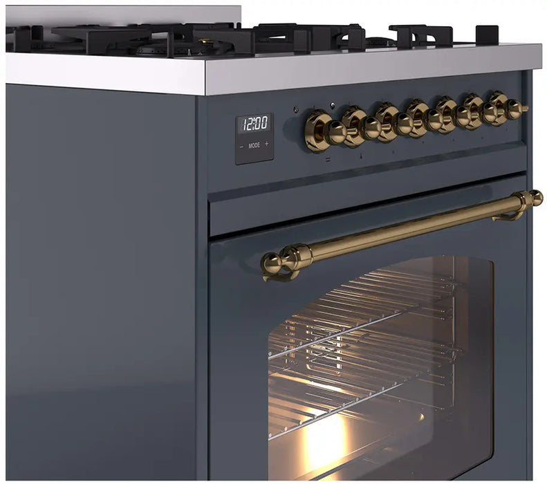 ILVE Nostalgie II 30-Inch Dual Fuel Range with 5 Burners, Blue Grey Brass Trim