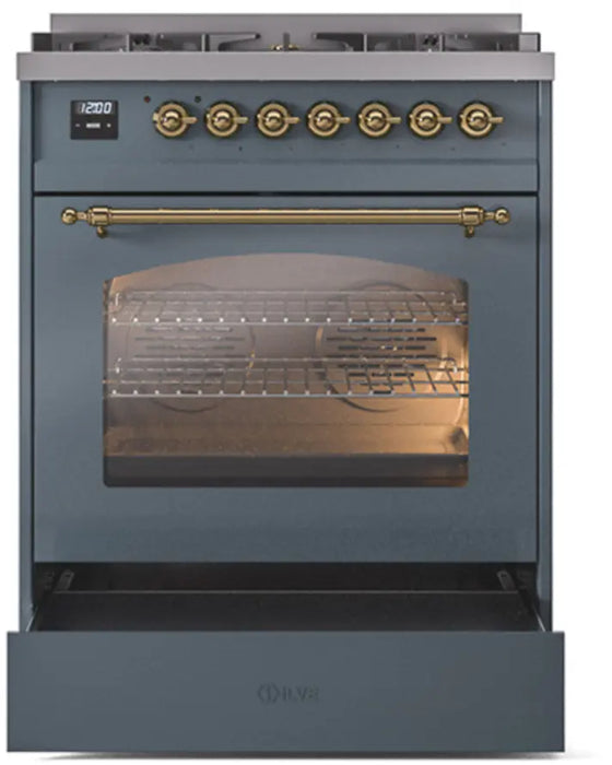 ILVE Nostalgie II 30-Inch Dual Fuel Range with 5 Burners, Blue Grey Brass Trim