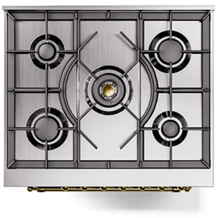 ILVE Nostalgie II 30-Inch Dual Fuel Range with 5 Burners, Blue Grey Brass Trim