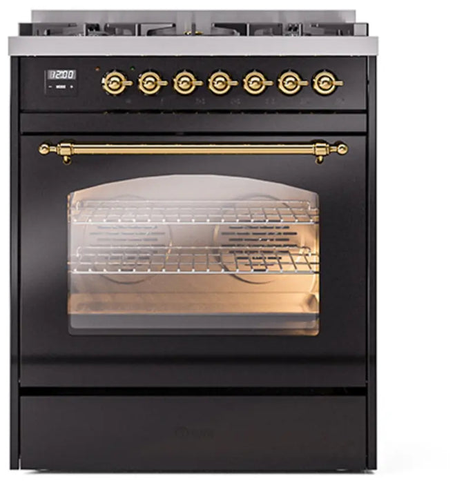 ILVE Nostalgie II 30-Inch Dual Fuel Range with 5 Burners, Glossy Black Brass Trim