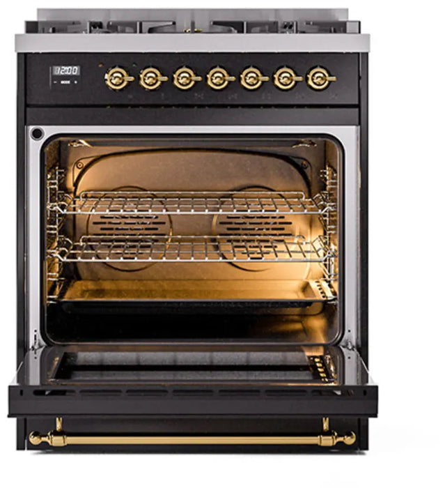 ILVE Nostalgie II 30-Inch Dual Fuel Range with 5 Burners, Glossy Black Brass Trim